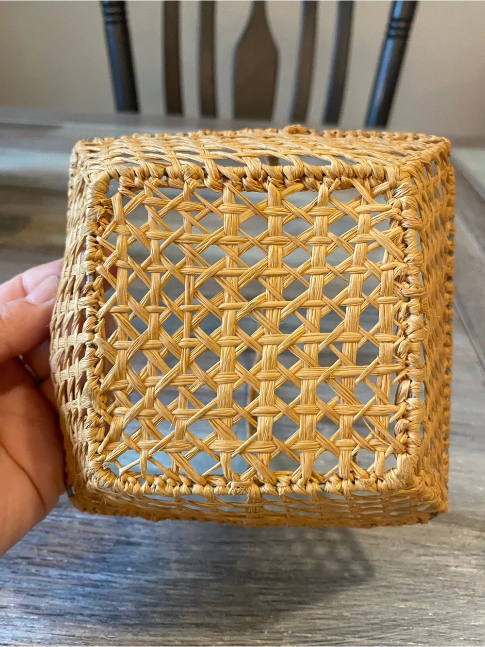 Handcrafted Square Basket Open Hexagonal Weave Handle Vintage Folk Art Primitive